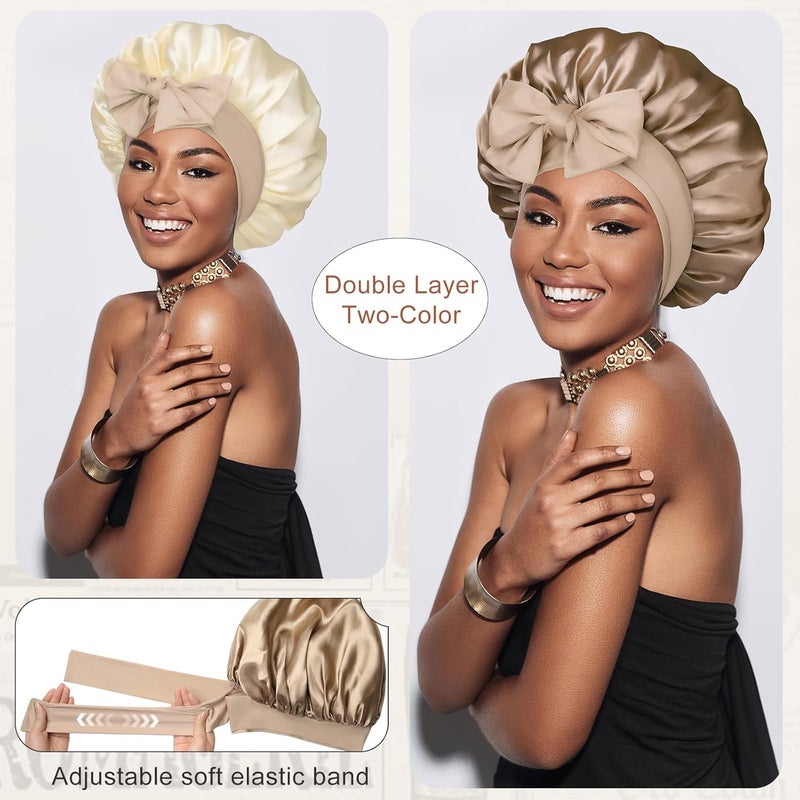 CHLINS Satin Bonnet Silk Bonnet for Sleeping Silk Sleep Cap Double Layer Hair Bonnet with Elastic Tie Band for Curly Hair Night Cap - Image 2